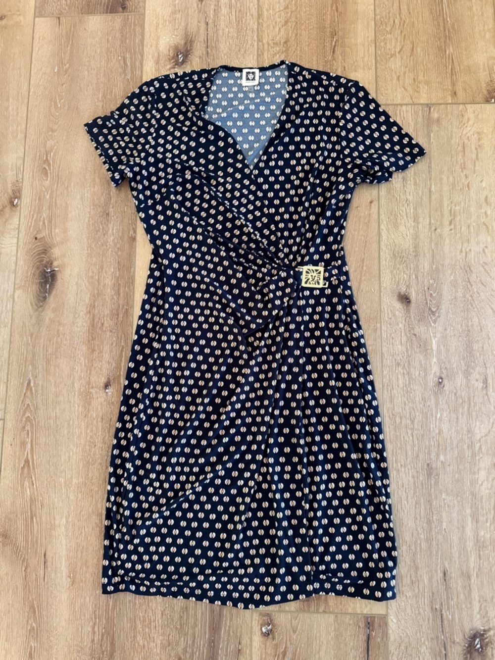 Anne Klein | Navy Wrap-Style Midi Dress with Gold Dot Print | size 10